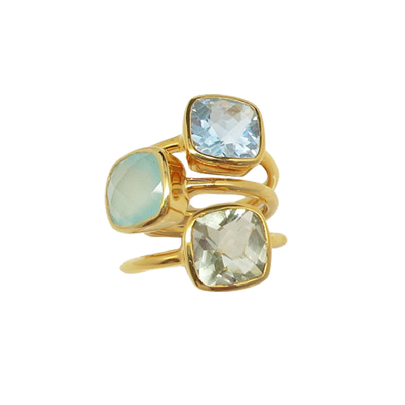 GOLD FILLED BLUE TOPAZ, CHLACEDONY AND SMOKEY QUARTZ RINGS
