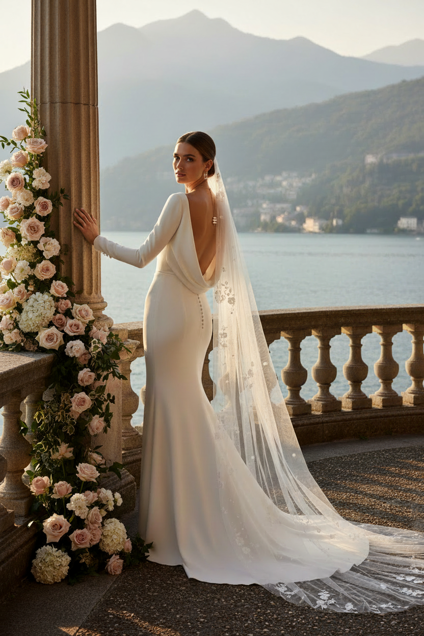 Same sexy elegant bride from front with pearl necklace visible