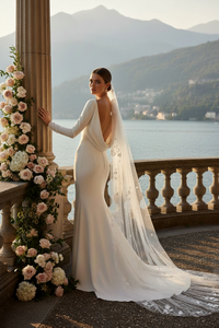 Same sexy elegant bride from front with pearl necklace visible