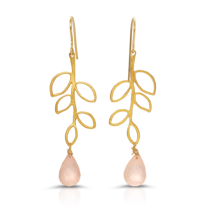 LAUREL LEAF AND ROSE QUARTZ EARRINGS