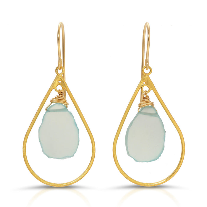 Gold Chalcedony Teardrop Earrings - Aqua Turquoise Gemstone Drops